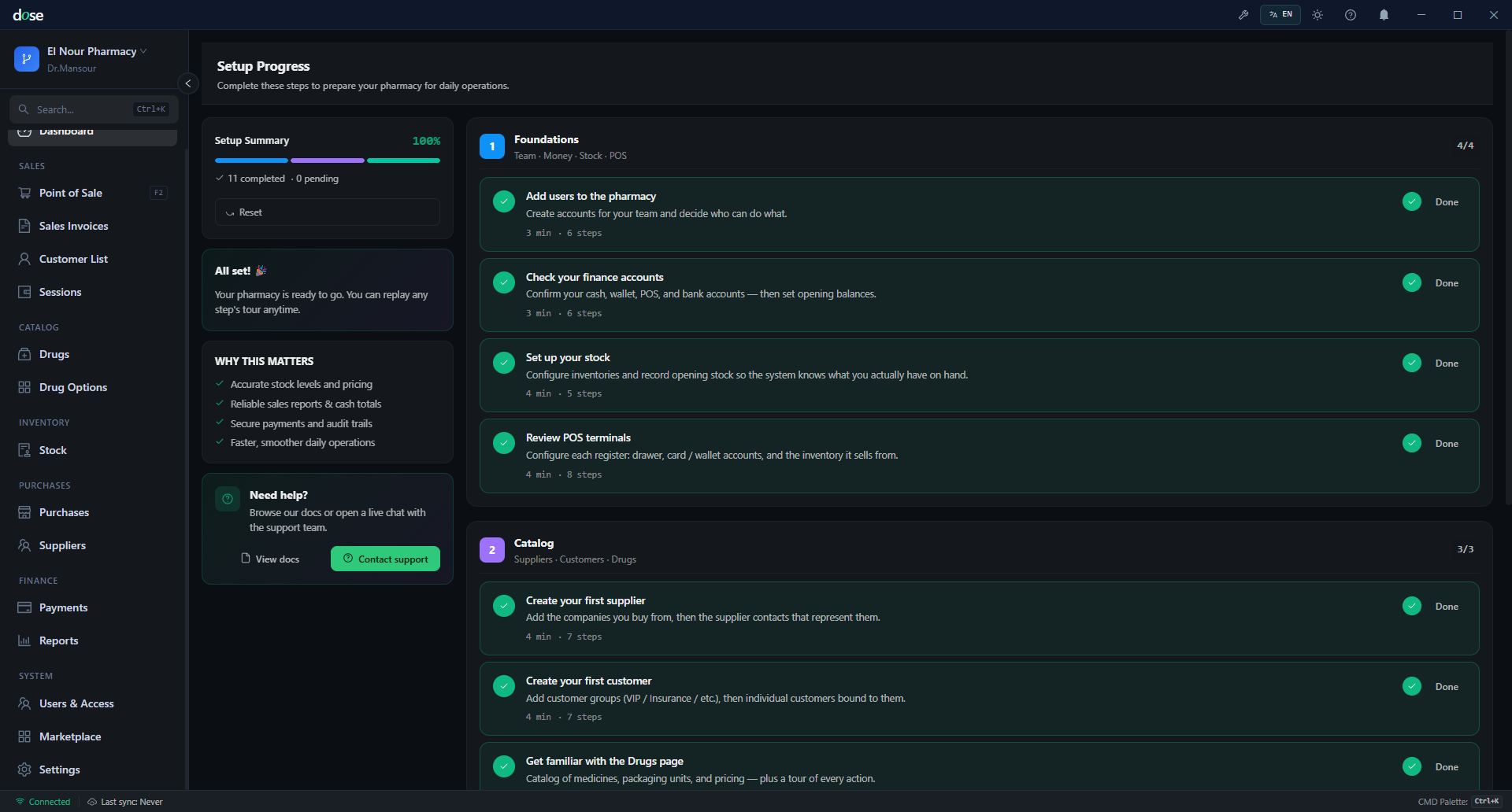 Dose Desktop — pharmacy setup overview