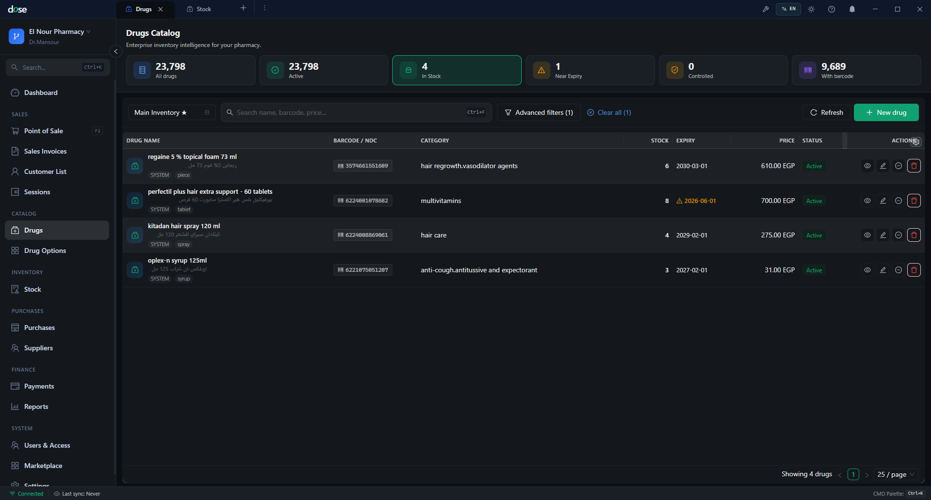 Dose Desktop — drug catalog with stock and pricing
